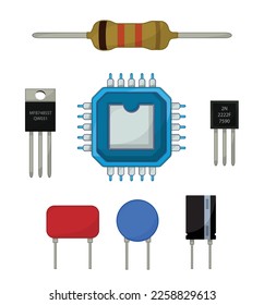Electronics components icons set, cartoon set of resistor, ic, transistor, capacitor and voltage regulator.