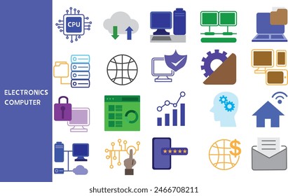 Electrónica Fabricación de componentes electrónicos y piezas de equipos informáticos, CIs, transistores, CPUs, Conjunto de iconos para negocios, colección de símbolos., Ilustración vectorial.