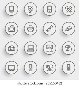 Electronics contour icons with buttons on gray background.