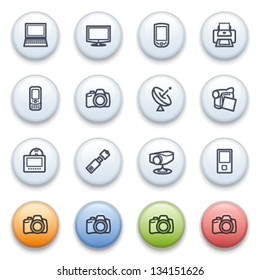 Electronics contour icons on color buttons.