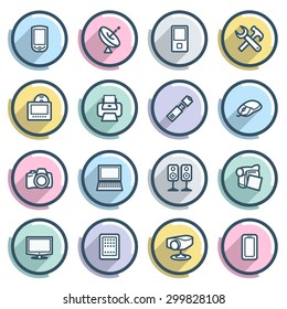Electronics contour icons on color buttons. Flat design.