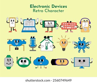 Electronics cute character in retro style elements set. Collection of smartphones, laptop, smartwatch, drone vector illustration. Smart gadgets electronics devices illustration.