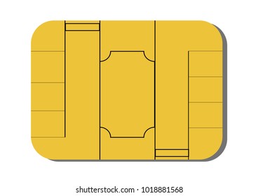 Electronics Data smart card chip vector. Sim card chip golden yellow on isolated white background 