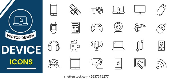 Electronics Device line icon. Device icon set such vector set such as technology, computer monitor, smartphone, social network, management, internet, network, programming, drone. Vector illustration.