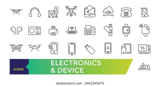 Electronics and Device line icons with open path internet of things and smart gadgets with elements for mobile concepts and web apps. UI icon collection and Vector illustration.