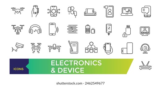 Iconos de la línea de la electrónica y del dispositivo con el Internet abierto de las cosas y los artilugios inteligentes con los Elementos para los conceptos móviles y los App del Web. COLECCIÓN y Ilustración vectorial de iconos de IU.