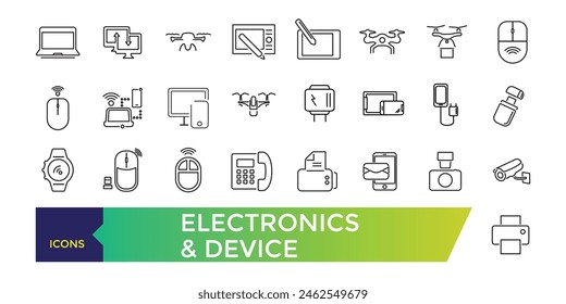 Iconos de la línea de la electrónica y del dispositivo con el Internet abierto de las cosas y los artilugios inteligentes con los Elementos para los conceptos móviles y los App del Web. COLECCIÓN y Ilustración vectorial de iconos de IU.