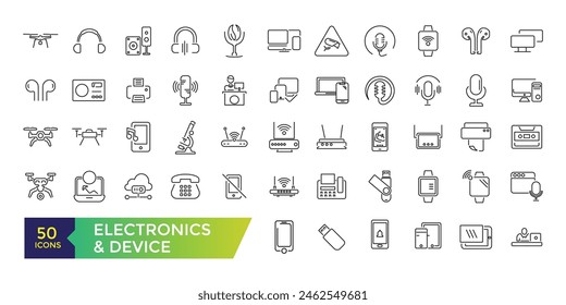 Iconos de la línea de la electrónica y del dispositivo con el Internet abierto de las cosas y los artilugios inteligentes con los Elementos para los conceptos móviles y los App del Web. COLECCIÓN y Ilustración vectorial de iconos de IU.