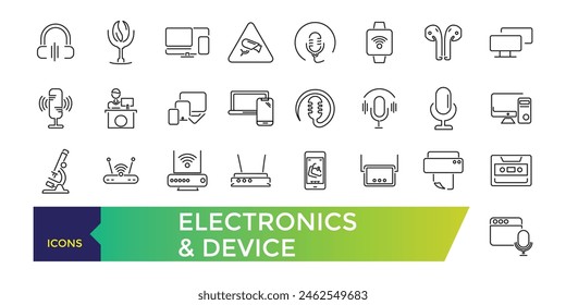 Iconos de la línea de la electrónica y del dispositivo con el Internet abierto de las cosas y los artilugios inteligentes con los Elementos para los conceptos móviles y los App del Web. COLECCIÓN y Ilustración vectorial de iconos de IU.