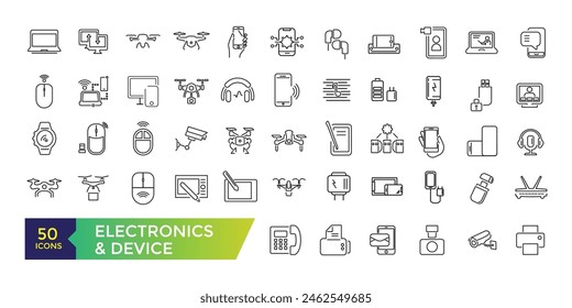 Iconos de la línea de la electrónica y del dispositivo con el Internet abierto de las cosas y los artilugios inteligentes con los Elementos para los conceptos móviles y los App del Web. COLECCIÓN y Ilustración vectorial de iconos de IU.