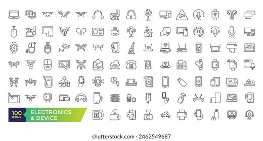 Iconos de la línea de la electrónica y del dispositivo con el Internet abierto de las cosas y los artilugios inteligentes con los Elementos para los conceptos móviles y los App del Web. COLECCIÓN y Ilustración vectorial de iconos de IU.