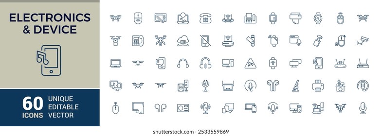 Electronics and device line icons set. Related to smartphone, tablet, laptop, charger, headphones, gadget and more. Line vector icon collection. Editable stroke. Pixel perfect.
