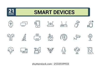 Conjunto de ícones de eletrônica e linha de dispositivo. Relacionado com smartphone, tablet, laptop, carregador, fones de ouvido, gadget e muito mais. Coleção de ícones de vetor de linha. Traçado editável. Pixel perfeito.