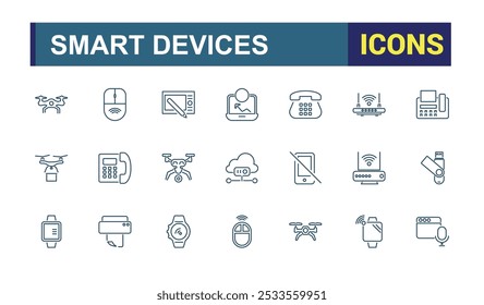 Electronics and device line icons set. Related to smartphone, tablet, laptop, charger, headphones, gadget and more. Line vector icon collection. Editable stroke. Pixel perfect.