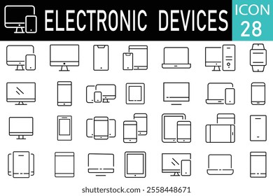 Electronics device line icons set, Personal Device. Phone, computer, T.V. watch, tab, P.C. Device line icons, vector illustration. 