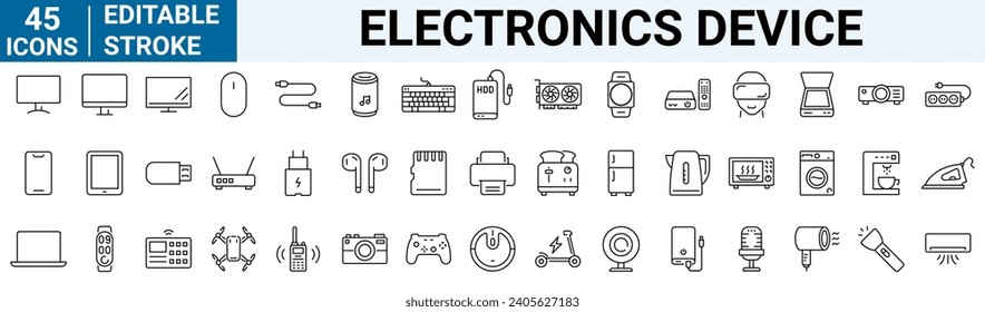 Web-Symbole für Elektronikgeräte Persönliches Gerät. Tablet, Laptop, Telefon, Konsole, Smart Watch und mehr. Bearbeitbarer Stroke.