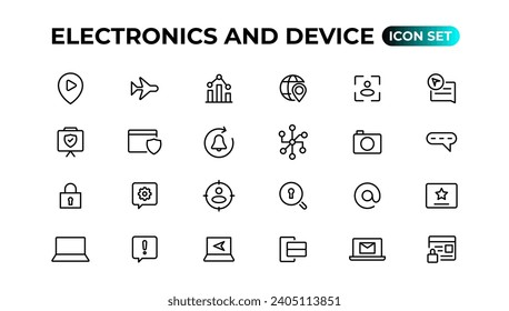 Electronics and device lines icon set. Electronic devices and gadgets, computer, equipment and electronics. Computer monitor, smartphone, tablet and laptop sumbol collection.
