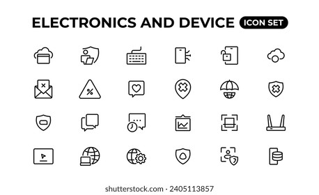 Electronics and device lines icon set. Electronic devices and gadgets, computer, equipment and electronics. Computer monitor, smartphone, tablet and laptop sumbol collection.
