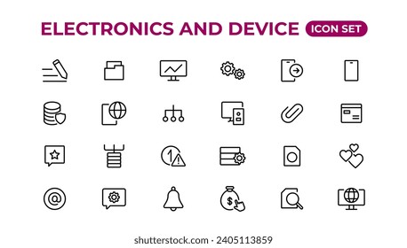 Electronics and device lines icon set. Electronic devices and gadgets, computer, equipment and electronics. Computer monitor, smartphone, tablet and laptop sumbol collection.
