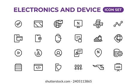 Electronics and device lines icon set. Electronic devices and gadgets, computer, equipment and electronics. Computer monitor, smartphone, tablet and laptop sumbol collection.
