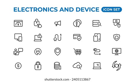 Electronics and device lines icon set. Electronic devices and gadgets, computer, equipment and electronics. Computer monitor, smartphone, tablet and laptop sumbol collection.
