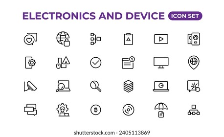 Electronics and device lines icon set. Electronic devices and gadgets, computer, equipment and electronics. Computer monitor, smartphone, tablet and laptop sumbol collection.
