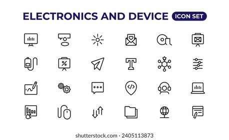 Electronics and device lines icon set. Electronic devices and gadgets, computer, equipment and electronics. Computer monitor, smartphone, tablet and laptop sumbol collection.
