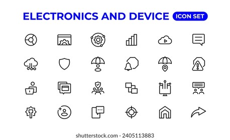 Electronics and device lines icon set. Electronic devices and gadgets, computer, equipment and electronics. Computer monitor, smartphone, tablet and laptop sumbol collection.
