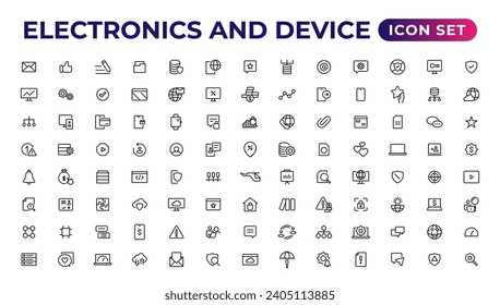 Electronics and device lines icon set. Electronic devices and gadgets, computer, equipment and electronics. Computer monitor, smartphone, tablet and laptop sumbol collection.
