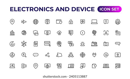 Electronics and device lines icon set. Electronic devices and gadgets, computer, equipment and electronics. Computer monitor, smartphone, tablet and laptop sumbol collection.
