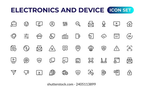 Electronics and device lines icon set. Electronic devices and gadgets, computer, equipment and electronics. Computer monitor, smartphone, tablet and laptop sumbol collection.
