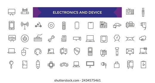 Electronics and Device, Personal Devices and gadgets Related Vector Line Icons. Contains such as mobile, Tablet, Desktop PC Workstation, watch