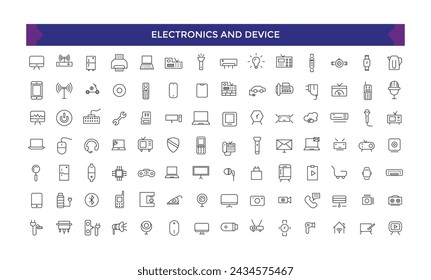 Electronics and Device, Personal Devices and gadgets Related Vector Line Icons. Contains such as mobile, Tablet, Desktop PC Workstation, watch