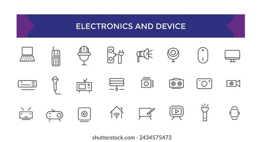 Electronics and Device, Personal Devices and gadgets Related Vector Line Icons. Contains such as mobile, Tablet, Desktop PC Workstation, watch