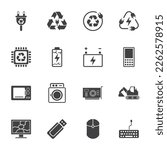 Electronics device and recycle sign icons, solid icon set