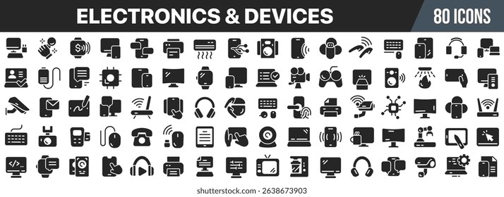 Electronics and devices black icons collection. Big UI icon set in a flat design. Vector illustration EPS10