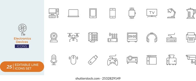 Electronics Devices Editable Line Icon Set" is a collection of simple, clean, and editable vector icons that represent various electronic devices.