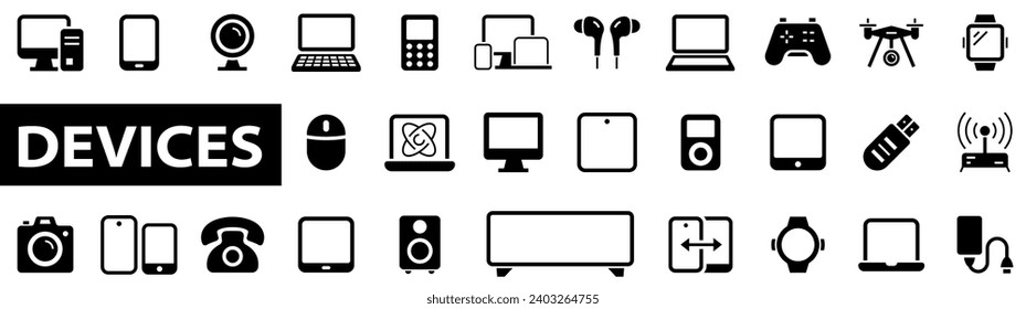 Electronics and devices icon set. Computers and mobile phones, tablet, laptop, TW screen, monitor, hardware and more in flat style. Vector illustration