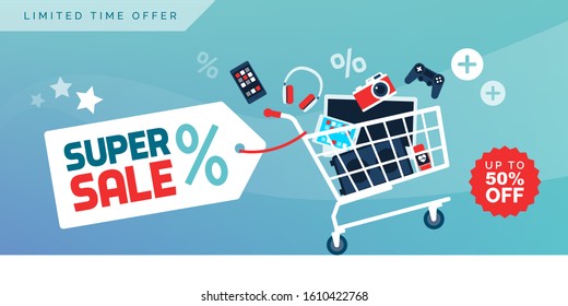 Electronics And Devices Promotional Sale Banner With Full Shopping Cart, Technology And Online Shopping Concept