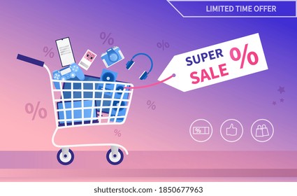 Electronics and devices promotional sale banner with full shopping cart, technology and online shopping concept. Flat cartoon vector illustration