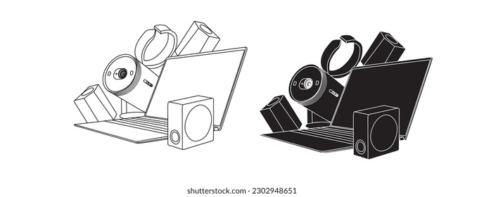 Electronics and devices related line icon set. Computers and mobile phones linear icons. Laptop, hardware and tablet outline vector sign collection.
