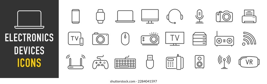 Iconos web Electronics and Devices en estilo de línea. Informática, red social, gestión, internet, red, programación, recogida de conexiones a Internet. Ilustración vectorial.