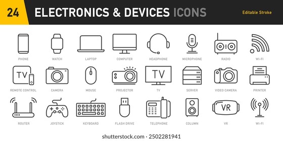 Electronics and Devices web icons in line style. Computing, social network, management, internet, network, programming, Internet connection collection. Vector illustration.	