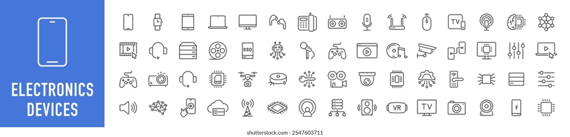 Electronics and Devices web icons in line style. Computing, social network, management, internet, network, programming, Internet connection collection. Vector illustration.	