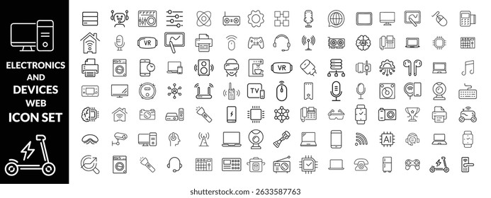 Ícones da Web de Eletrônicos e Dispositivos no estilo de linha. Computação, rede social, gerenciamento, internet, rede, programação, coleta de conexão com a Internet. Ilustração vetorial