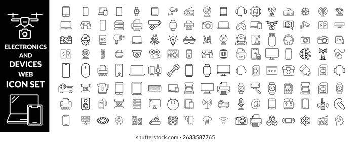 Ícones da Web de Eletrônicos e Dispositivos no estilo de linha. Computação, rede social, gerenciamento, internet, rede, programação, coleta de conexão com a Internet. Ilustração vetorial