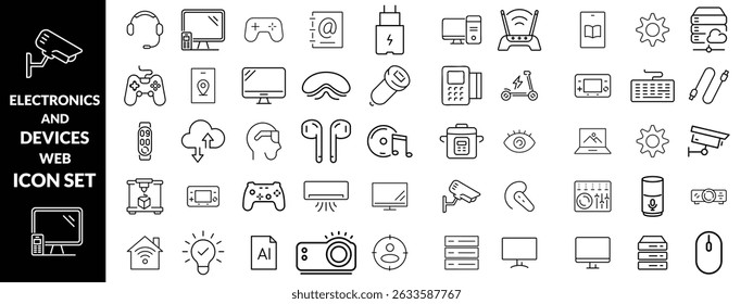 Ícones da Web de Eletrônicos e Dispositivos no estilo de linha. Computação, rede social, gerenciamento, internet, rede, programação, coleta de conexão com a Internet. Ilustração vetorial