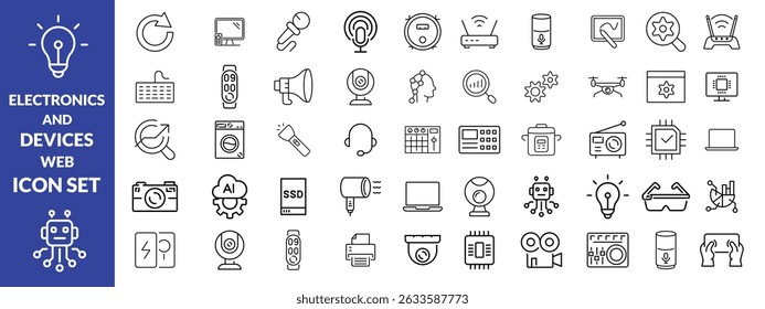 Ícones da Web de Eletrônicos e Dispositivos no estilo de linha. Computação, rede social, gerenciamento, internet, rede, programação, coleta de conexão com a Internet. Ilustração vetorial