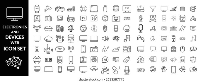 Ícones da Web de Eletrônicos e Dispositivos no estilo de linha. Computação, rede social, gerenciamento, internet, rede, programação, coleta de conexão com a Internet. Ilustração vetorial