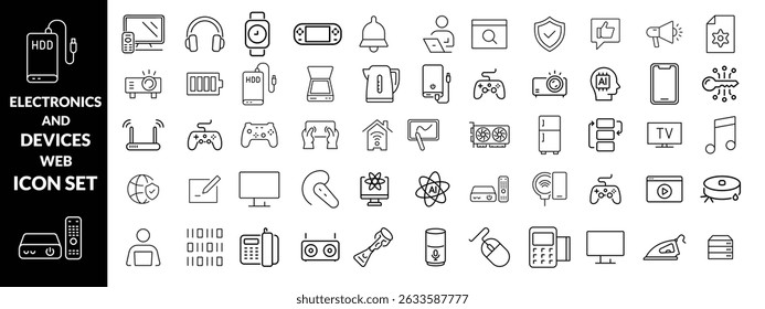 Ícones da Web de Eletrônicos e Dispositivos no estilo de linha. Computação, rede social, gerenciamento, internet, rede, programação, coleta de conexão com a Internet. Ilustração vetorial